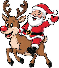 Santa Claus joyfully riding on the back of his festive, red-nosed reindeer.