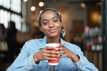 Portrait of a young african american woman enjoying coffee in a cafe setting indoors