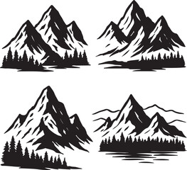 Mountain and forest silhouettes, nature landscape vector set, outdoor adventure designs