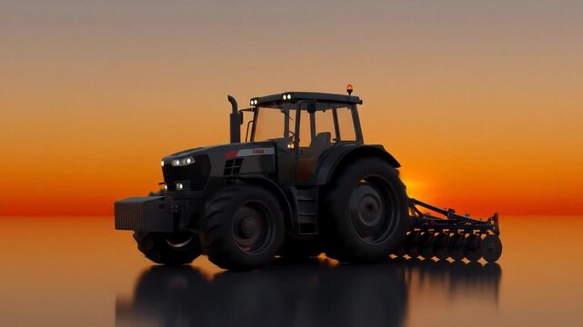 Gray farm tractor with disc harrow attachment against a warm sunset sky, concept of modern agriculture and farming equipment footage.