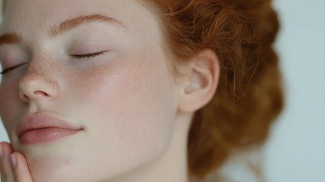 Portrait of peaceful red-haired woman closing her eyes, ideal for calming ry or relaxation themes.