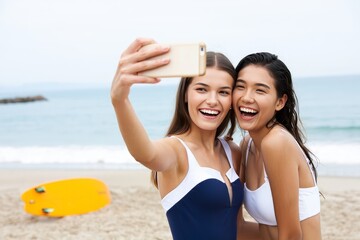 Two young women taking selfie on beach in swimsuits summer vacation travel lifestyle
