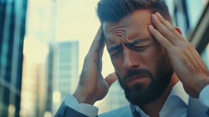 A man holding his head in pain, possibly from a headache or stress. - Powered by Adobe
