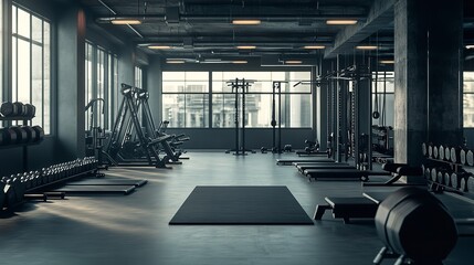 Interior view of a modern gym with weights machines and large windows overlooking the city skyline
