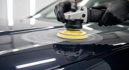 Close-up of car detailing process with electric polisher and gloved hands