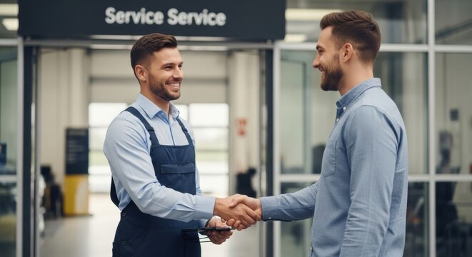 Two young caucasian men shaking hands in auto service center