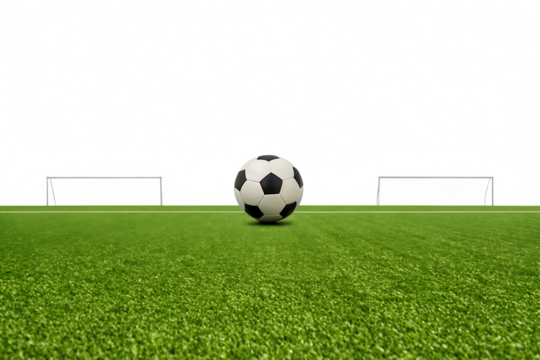 Soccer ball on green field with goalposts isolated on a transparent background football