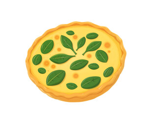 Flat vector icon of spinach quiche with golden crust and fresh leaves on top. Generative AI