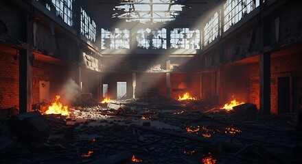 Interior of a destroyed building with fires burning and sunlight streaming through broken windows
