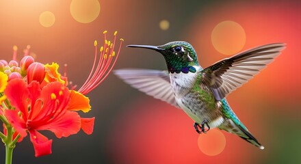 Hummingbird hovers near vibrant red and yellow flower with soft bokeh background