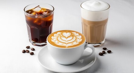 Three different coffee drinks on a white surface with coffee beans