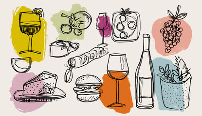 Set of hand drawn line art food and wine icons, italian cuisine vector illustration design element for decoration or print on shirt t-shirt Vector Illustration on white background.