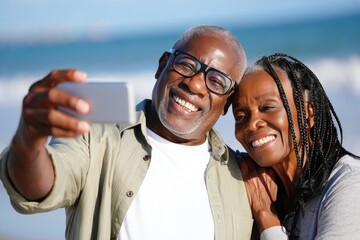 Happy senior black couple taking selfie on beach vacation enjoying retirement lifestyle