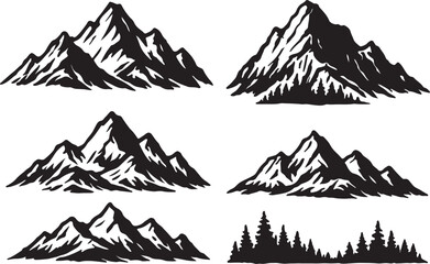 Vintage Hand Drawn Mountain Silhouettes and Forest Line Graphics Collection