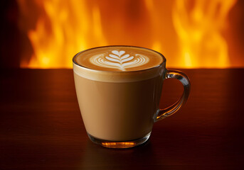 A glass mug of latte art coffee displaying a dragon design, against a fiery orange background, dramatic spotlight, dynamic composition.