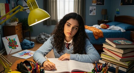 High School Student Staring Blankly at Their Homework, Surrounded by Distractions in a Messy Room