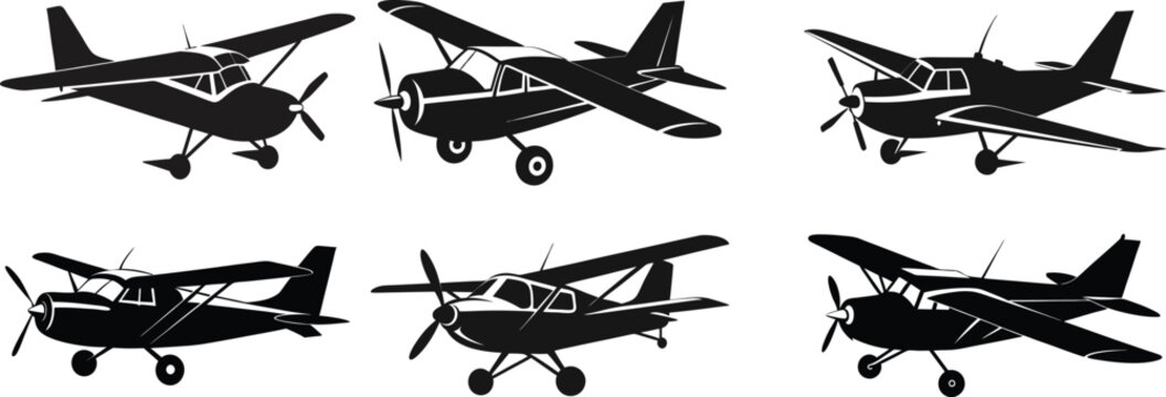 Collection of airplane silhouettes representing general aviation and flying lessons for pilots hobbyist and aviation enthusiasts vector illustration