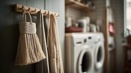 A warm laundry room featuring a stylish macrame wall hanging and modern appliances, creating a cozy and inviting atmosphere.