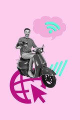 Collage of cheerful internet user with global wifi connection wireless signal online blogging...