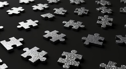 Silver puzzle pieces on dark background