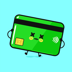 A cartoon credit card character with a distressed expression on a blue backdrop.