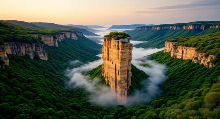 Majestic Canyon Vista A Towering Rock Formation Amidst Lush Greenery
