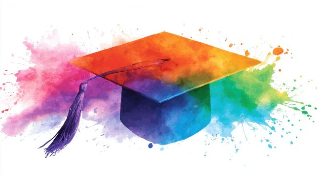 Vibrant watercolor illustration of a graduation cap with colorful splashes in the background