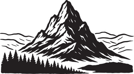Majestic mountain landscape illustration, black and white alpine peak, evergreen forest, and lake