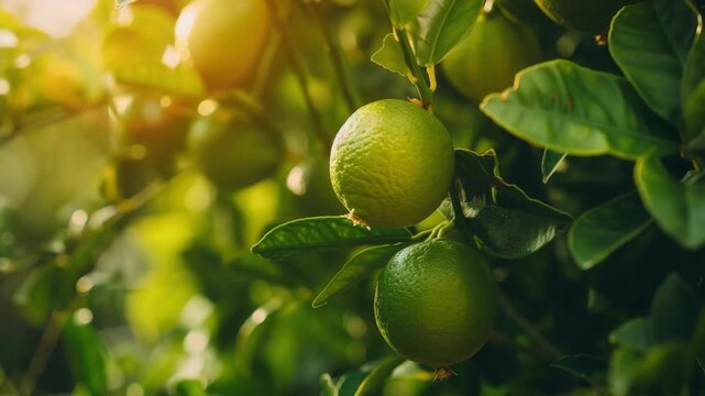 A close-up of a sunlit lime tree with fresh fruit, showing the vibrant green leaves and ripe citrus fruits.