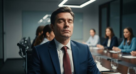Office Worker Zoning Out During a Team Meeting, Eyes Glazed Over as Others Talk Around Him