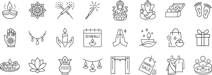 Diwali celebration icon set featuring diya lamps, Ganesh, rangoli, sweets, and traditional rituals. Indian holiday including puja, gifts, firecrackers and family gatherings, vector illustration.
