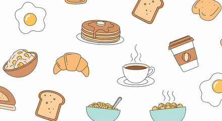 Breakfast Food Pattern: Eggs, Bread, Cereal, Croissant, Coffee