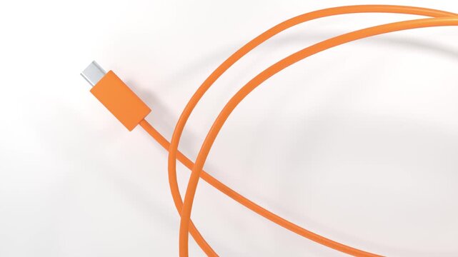 USB C Cable Animation on a White Background. Orange Color Cable Wire. 4K