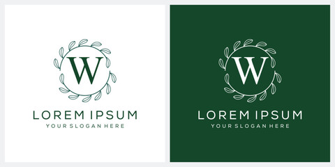 Initial letter W cosmetic spa and fashion logo design, serif font symbol icon, green leaf organic graphic vector