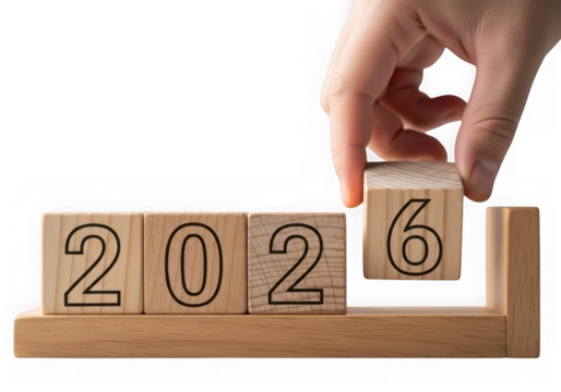 Wooden blocks displaying year two thousand twenty six isolated on transparent background
