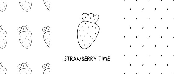 Black and white doodle strawberry seamless pattern. Set doodles posters with strawberry. Cute vector illustration