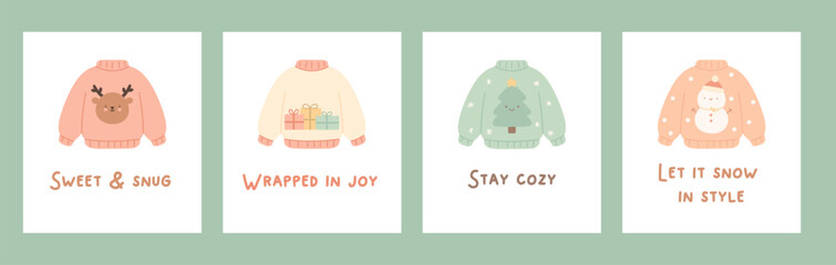 Collection kawaii ugly sweater cards. Christmas cards vector illustration - snowman, Christmas tree, reindeer, xmas gifts