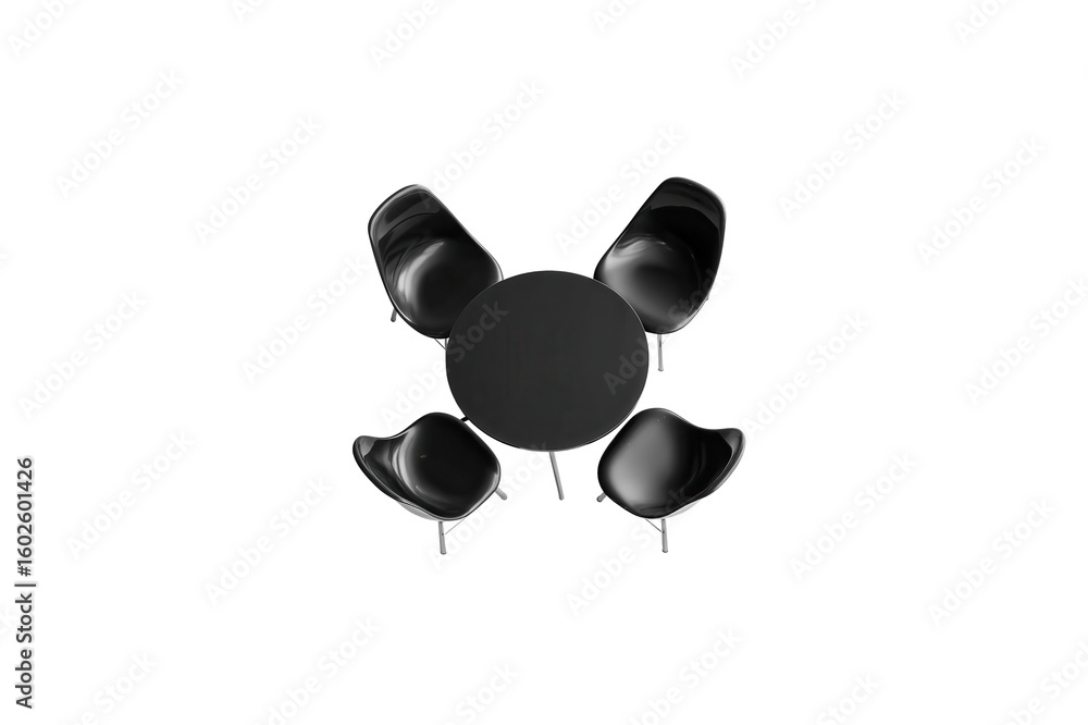 Aufkleber top view of a round black table surrounded by four chairs on a transparent background isolate