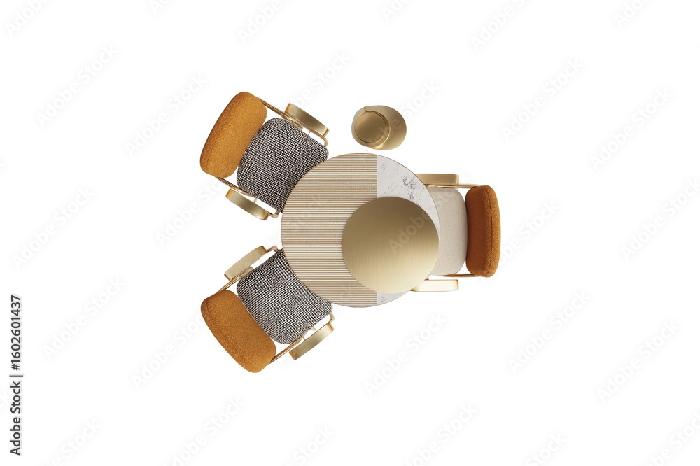 Aufkleber top view of a round dining table and three chairs with gold frames and textured fabric seats against