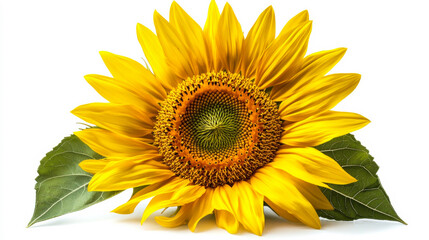 Fototapeta premium Bright sunflower showcasing vibrant yellow petals and contrasting green leaves, perfect for summer gardens and floral arrangements