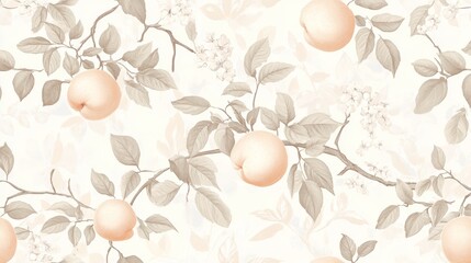 a digitally illustrated peach motif with clean vector-style fruits and delicate green leaves, arranged in a structured yet natural-looking pattern, the soft peachy hues complemented by a muted pastel