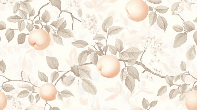 a digitally illustrated peach motif with clean vector-style fruits and delicate green leaves, arranged in a structured yet natural-looking pattern, the soft peachy hues complemented by a muted pastel