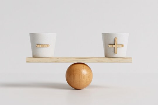 Minimal balance scale with plus and minus symbols, 3d render, decision making, equality, minimalist concept.