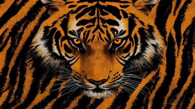 Majestic tiger face closeup with intense red eye gaze, set against gray background.