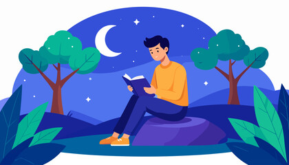 A young man with black hair in an orange sweater and blue pants sits reading a book, depicted in a flat illustration style.