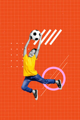 Vertical art pop poster banner collage of happy schoolboy catch ball goalkeeper physical training school soccer tournament