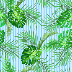 Green tropical palm leaves seamless vector pattern on the black background. Trendy summer print.	
