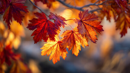Serene close up of vibrant red and orange maple leaf during beautiful autumn season