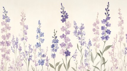 Naklejka premium a modern and sophisticated larkspur pattern design with meticulously illustrated flowers and slender leaves, symmetrically arranged in a repeating botanical motif, soft lilac and dusty blue tones