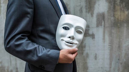 Businessman in suit holding white mask, hidden identity, deception, corporate fraud and disguise concept.